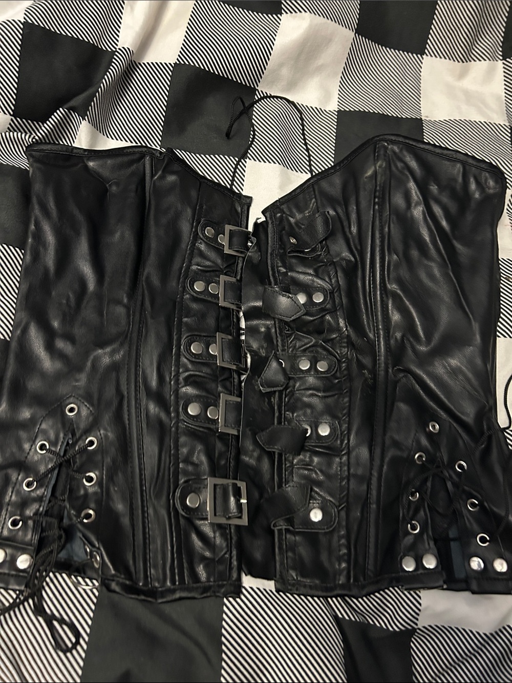 Black Corset Top with Buckle and Lace-Up Details